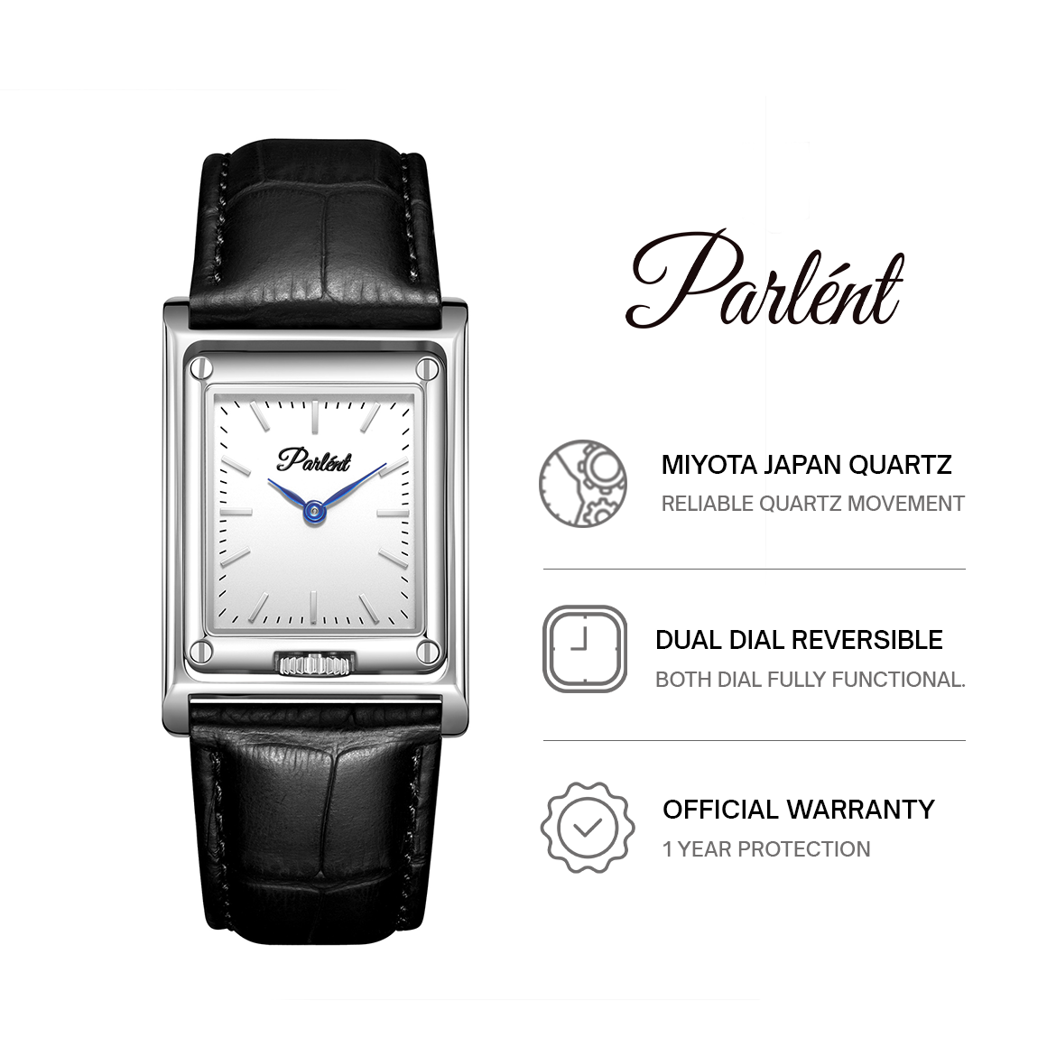 Parlent Inverso - Jam Tangan Pria 27mm x 39mm, Miyota Japan Quartz Movement, Waterproof 5ATM (50M), Stainless Steel