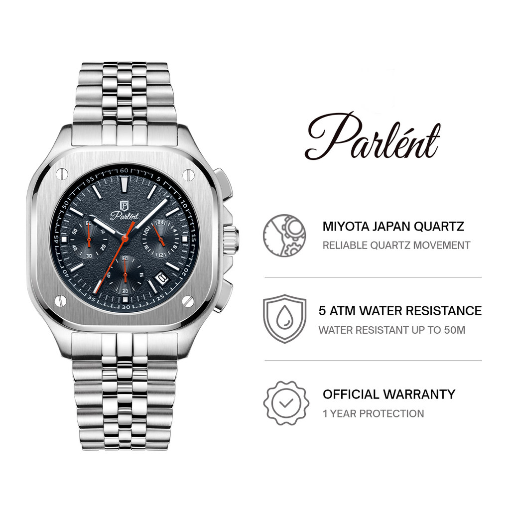 Parlent Sentinel - Jam Tangan Pria 42mm, Seiko Japan VD53 Quartz Movement, Waterproof 5ATM (50M), Stainless Steel