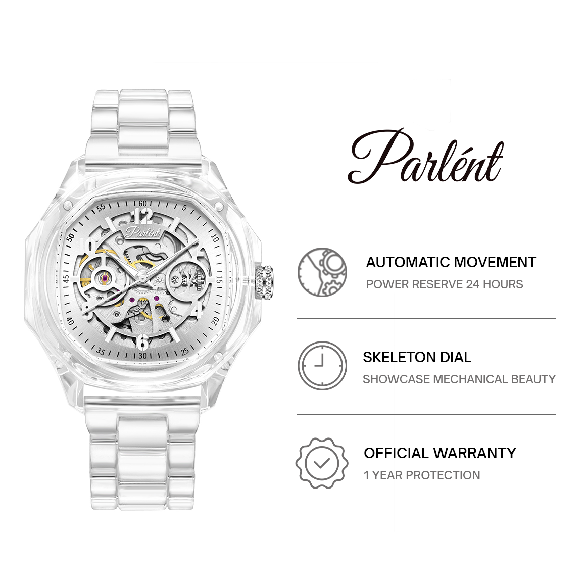 Parlent Gallant Lite Glacier - Jam Tangan Pria 42mm, Automatic Movement, Waterproof 3ATM (30M), Polycarbonate