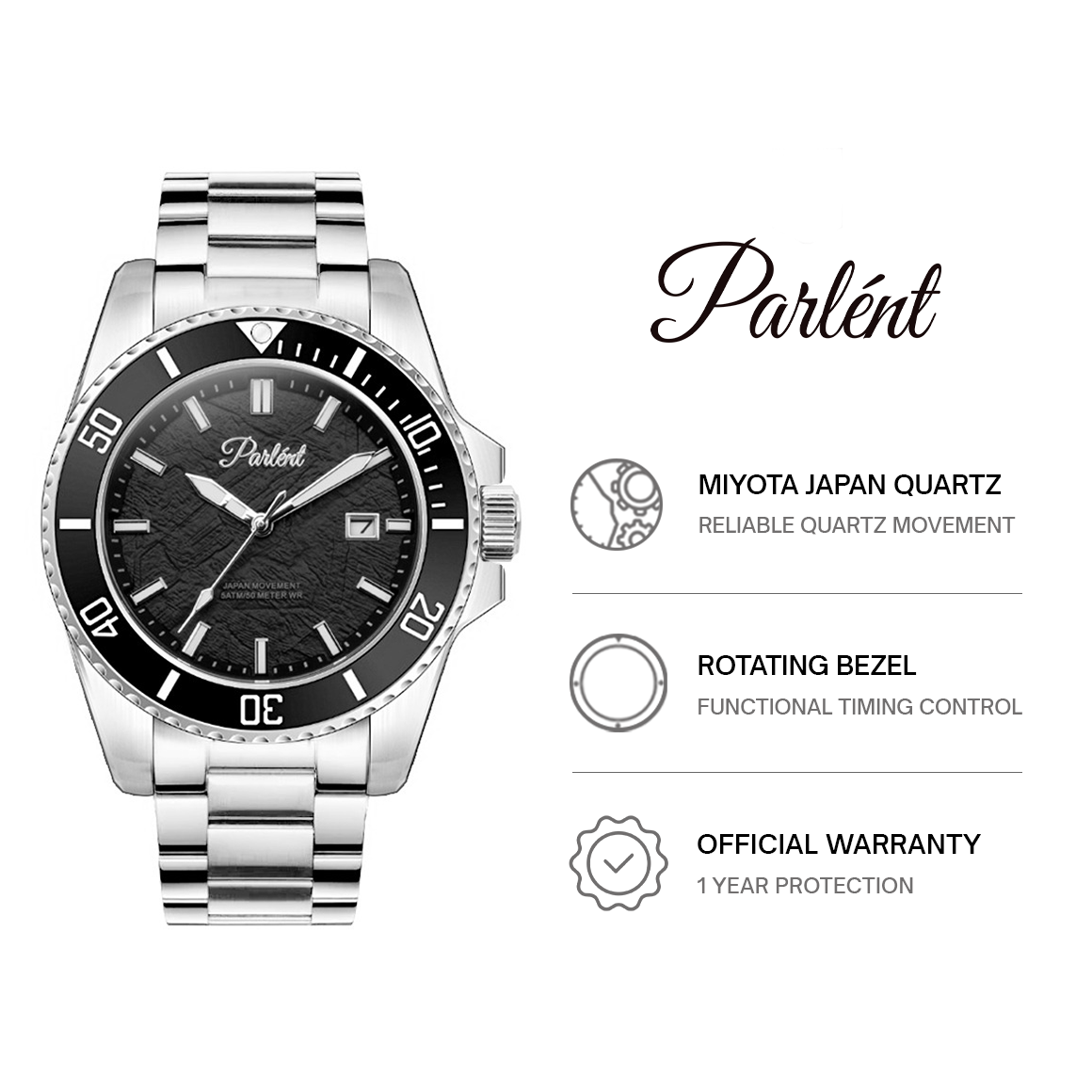Parlent Crown Graphite - Jam Tangan Pria 40mm, Seiko Quartz Movement, Waterproof 5ATM (50M), Stainless Steel
