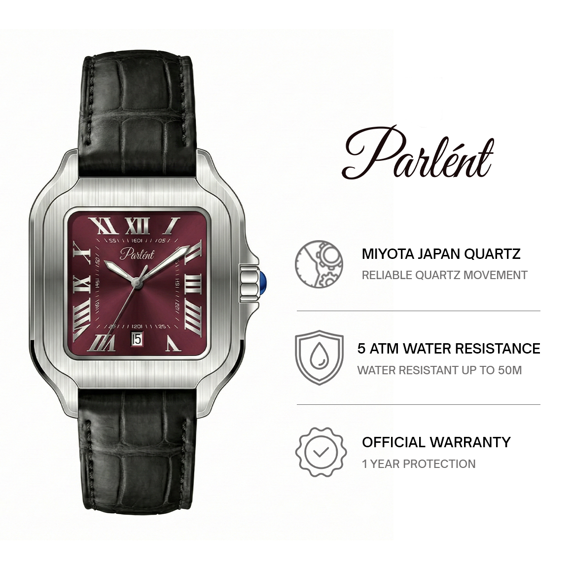 Parlent Portico - Jam Tangan Pria 36.50mm, Miyota Japan Quartz Movement, Waterproof 3ATM (30M), Stainless Steel