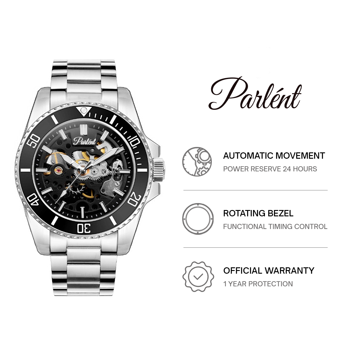 Parlent Crown Automatic - Jam Tangan Pria 40mm, Automatic Movement, Waterproof 5ATM (50M), Stainless Steel