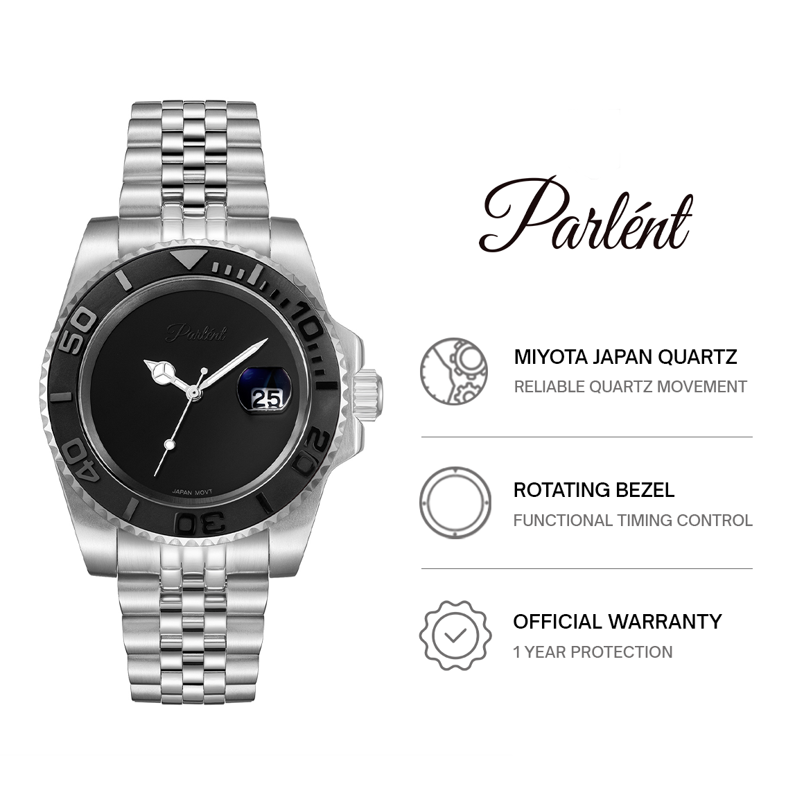 Parlent Crown Shadow - Jam Tangan Pria 40mm, Miyota Japan Quartz Movement, Waterproof 5ATM (50M), Stainless Steel