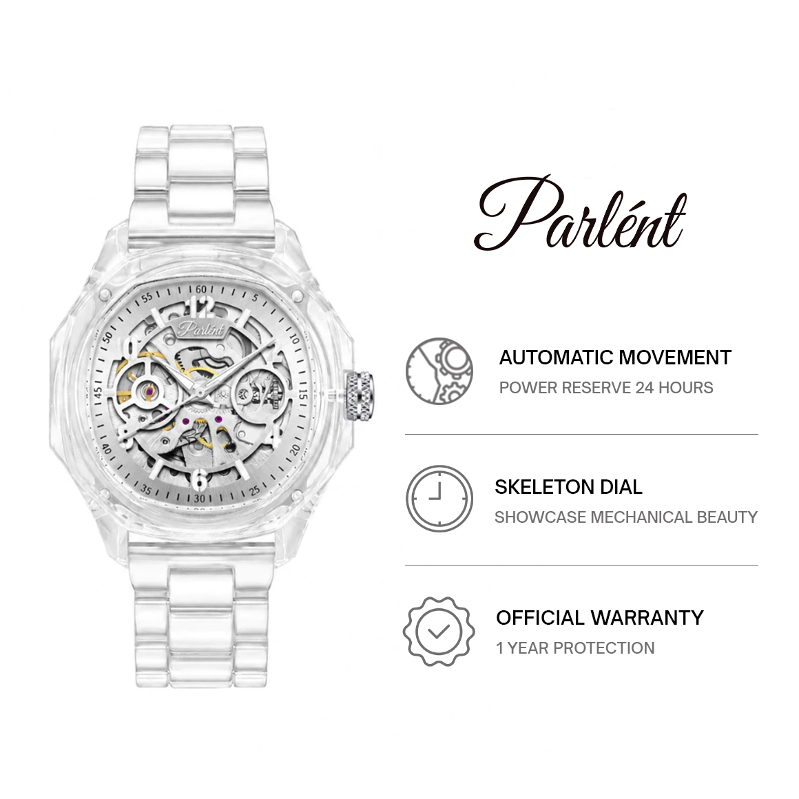 Parlent Gallant Lite Glacier Femme - Jam Tangan Wanita 34mm, Automatic Movement, Waterproof 3ATM (30M), Polycarbonate