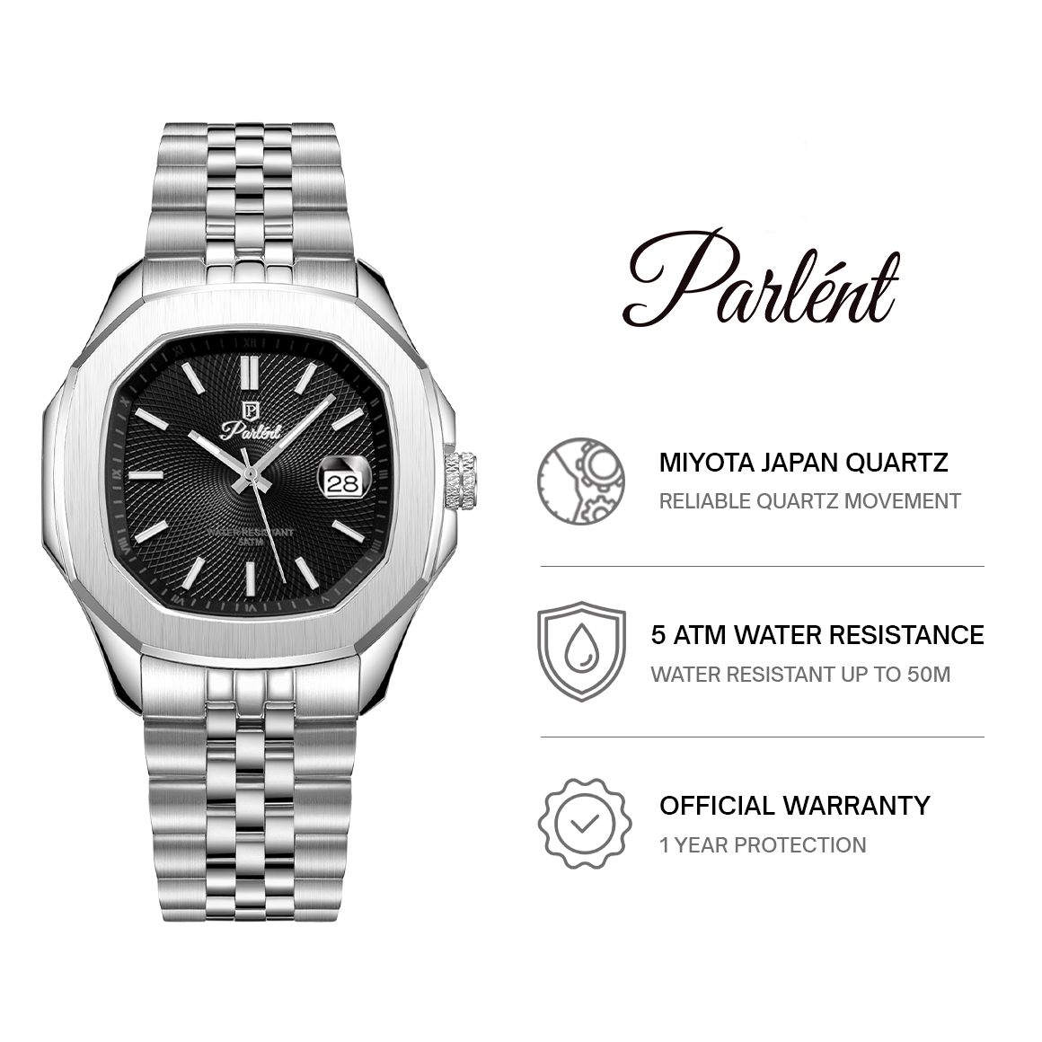 Parlent Gallant Terra - Jam Tangan Pria 42mm, Miyota Japan Quartz Movement, Waterproof 5ATM (50M), Stainless Steel