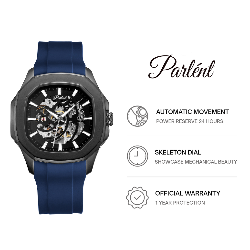 Parlent Gallant Vortex Edge Rubber - Jam Tangan Pria 42mm, Automatic Movement, Waterproof 5ATM (50M), Stainless Steel