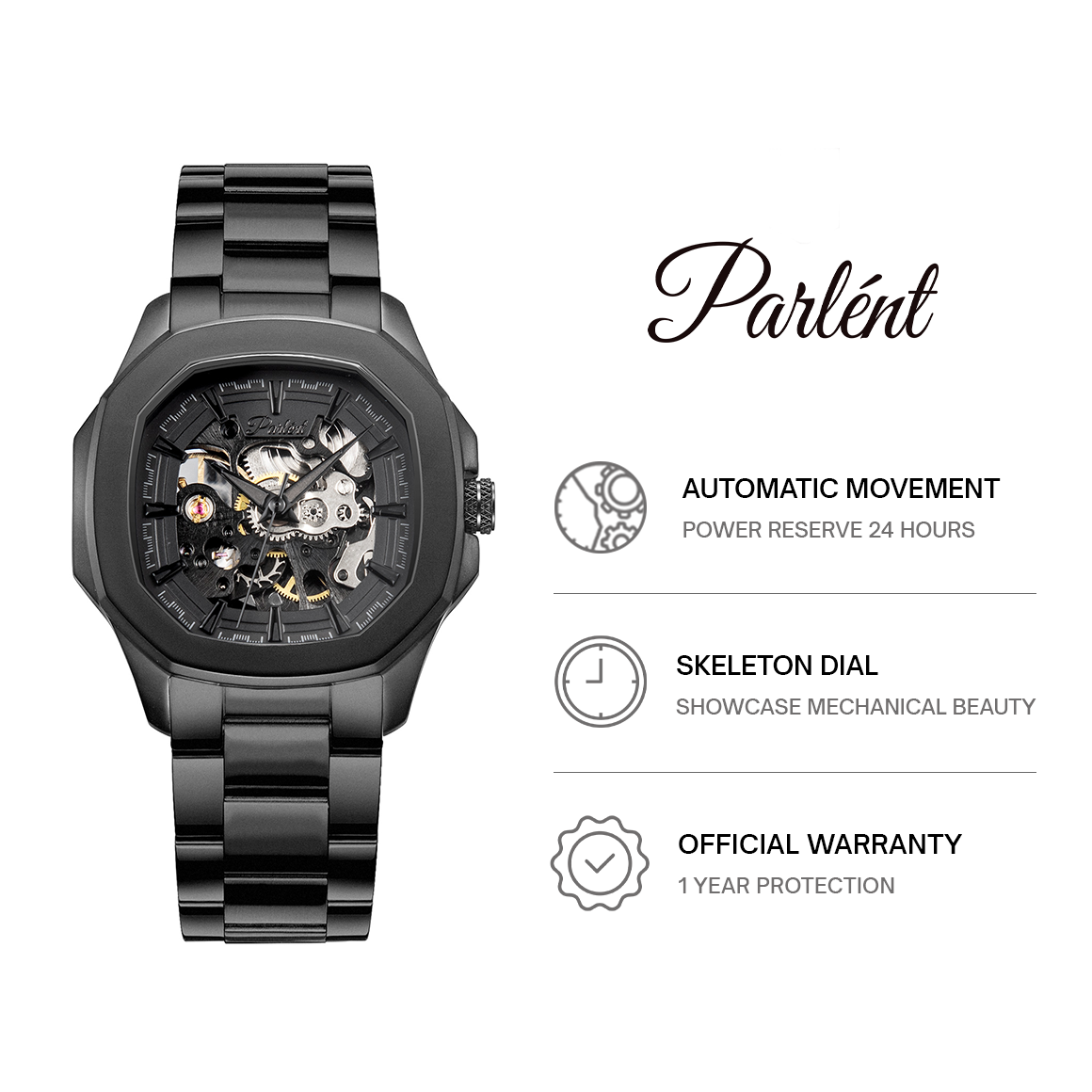 Parlent Gallant Phantom Steel Femme - Jam Tangan Wanita 34mm, Automatic Movement, Waterproof 5ATM (50M), Stainless Steel