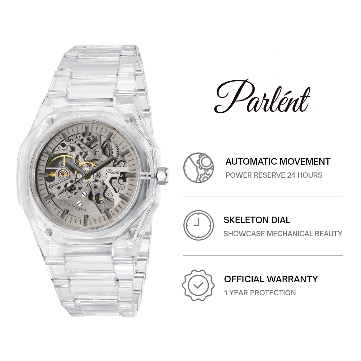 Parlent Palladium Lite Glacier - Jam Tangan Pria 40mm, Automatic Movement, Waterproof 3ATM (30M), Polycarbonate
