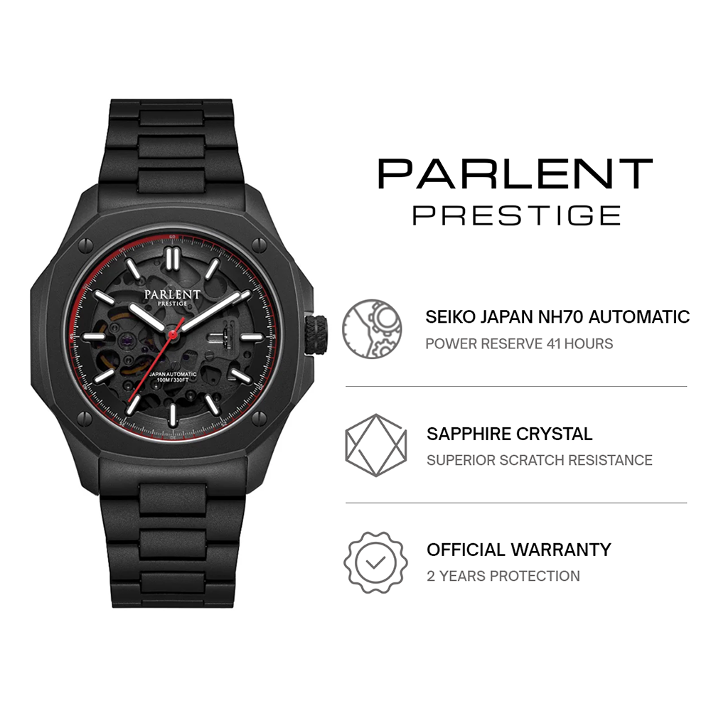 Parlent Prestige Asphalt - Jam Tangan Pria 42mm, Seiko NH70 Skeleton Automatic Movement, Waterproof 10ATM (100M), Stainless Steel