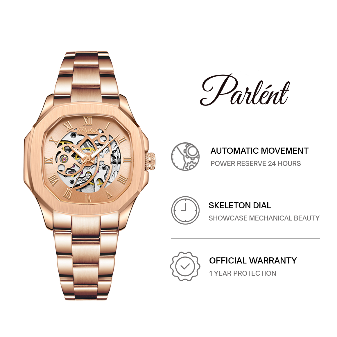 Parlent Gallant Femme Steel - Jam Tangan Wanita 34mm, Automatic Movement, Waterproof 5ATM (50M), Stainless Steel