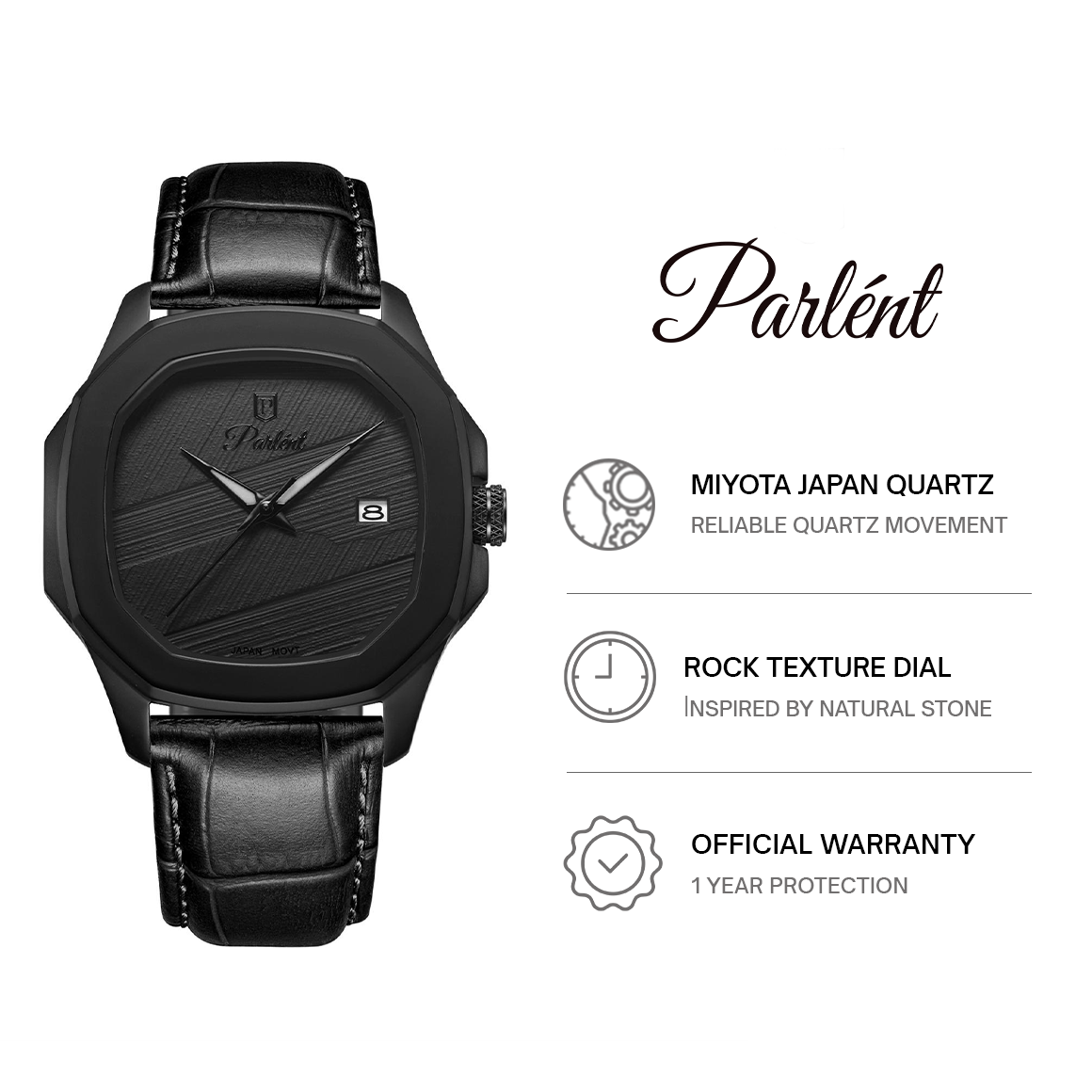 Parlent Gallant Graphite - Jam Tangan Pria 42mm, Miyota Japan Quartz Movement, Waterproof 5ATM (50M), Stainless Steel