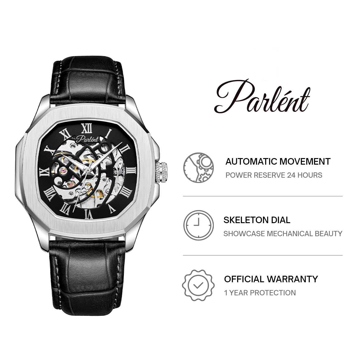 Parlent Gallant Vortex - Jam Tangan Pria 42mm, Automatic Movement, Waterproof 5ATM (50M), Stainless Steel