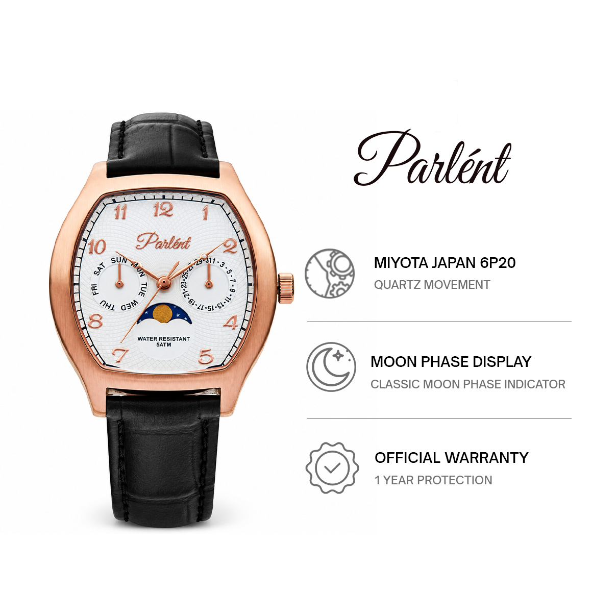 Parlent Valor - Jam Tangan Pria 36mm × 42.5mm, Miyota Japan 6P20 Quartz Movement, Waterproof 5ATM (50M), Stainless Steel