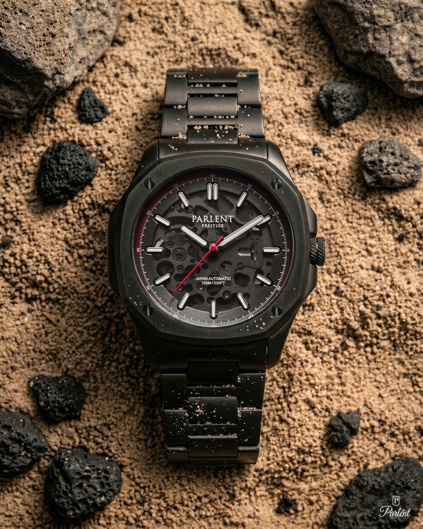 Parlent Prestige Asphalt - Jam Tangan Pria 42mm, Seiko NH70 Skeleton Automatic Movement, Waterproof 10ATM (100M), Stainless Steel