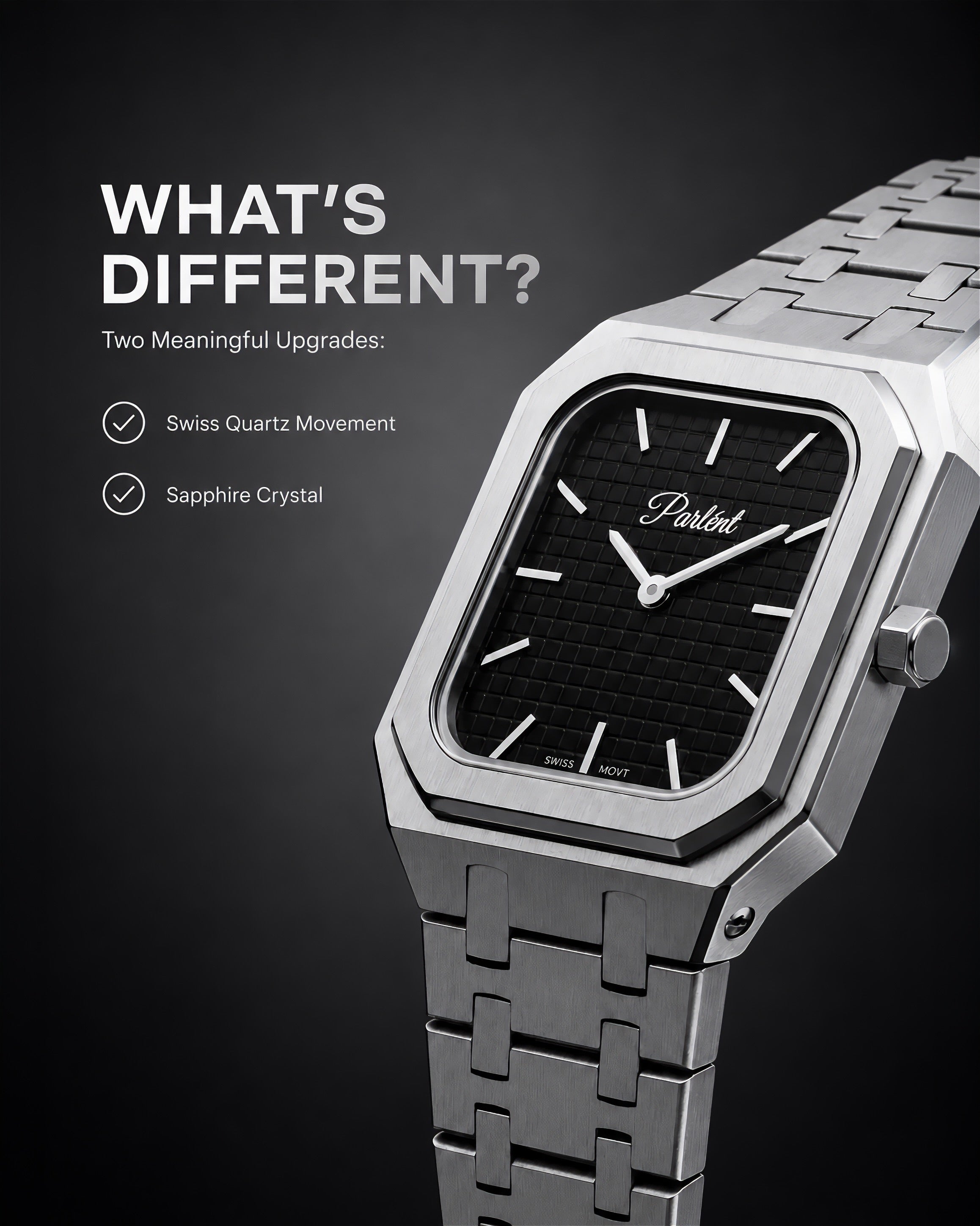 Parlent Cortez Prime - Jam Tangan Pria 40mm, Swiss Ronda 762 Quartz Movement, Waterproof 5ATM (50M), Stainless Steel